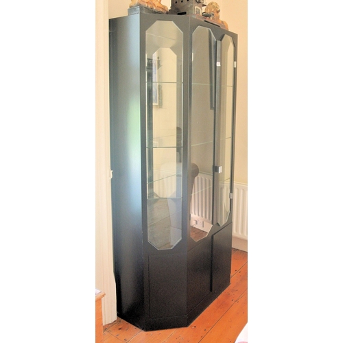 15 - Thut Mobel Swiss art deco style ebonised display cabinet with angled sides, glazed doors and shelvin... 