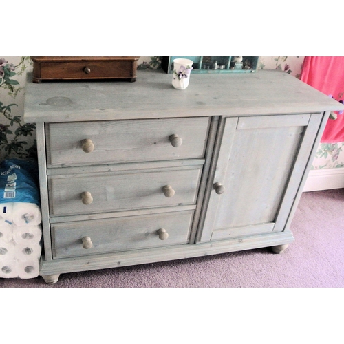 16 - Painted pine cabinet with press and three drawers with round and bun feet