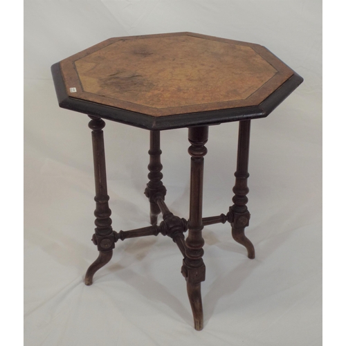 19 - Victorian inlaid walnut hexagonal shaped occasional table with turned columns and stretchers, on spl... 