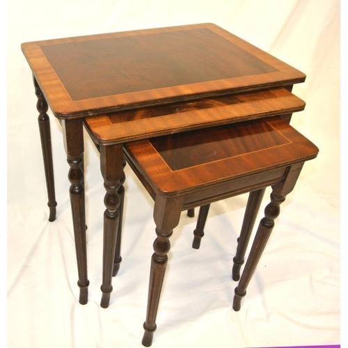 21 - Edwardian design inlaid nest of three tables with reeded borders and tapering legs