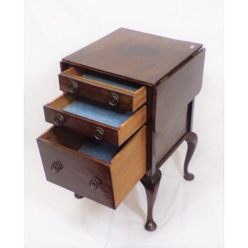 24 - Edwardian style drop-leaf press with pull-out supports, three drawers with drop handles, on cabriole... 