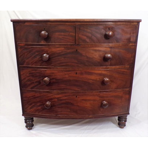 30 - Victorian mahogany bow fronted chest of two short and three long drawers with round handles, on turn... 
