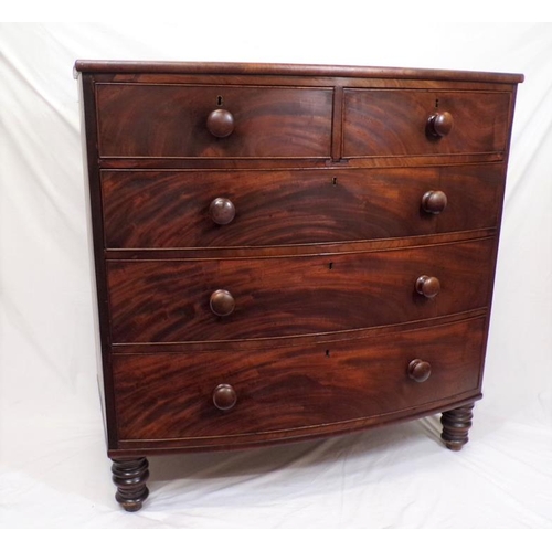 30 - Victorian mahogany bow fronted chest of two short and three long drawers with round handles, on turn... 