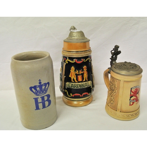 38 - Three old earthenware steins with pewter tops and shaped handles, Cardinal & Lowenbrau, and a ewer