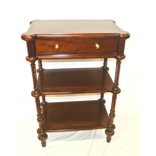 39 - Mahogany three tier whatnot with dog ear corners, frieze drawer with brass handle, twist reeded colu... 