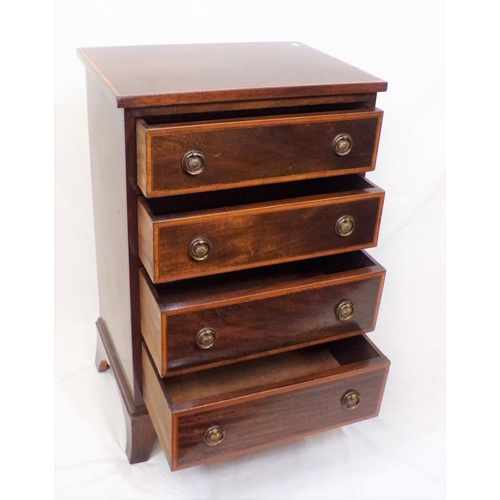 44 - Edwardian inlaid mahogany small chest of four drawers with round drop handles, on bracket feet