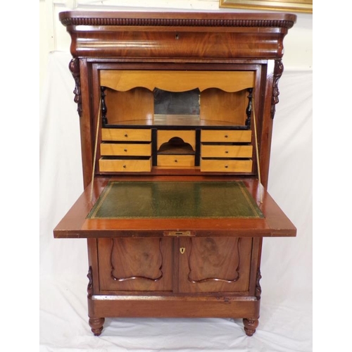45 - Louis XV style mahogany secretaire abbant with reeded frieze, serpentine fronted top drawer, drop-do... 