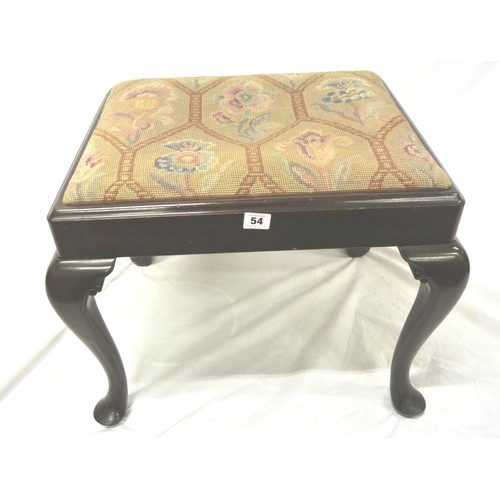 54 - Victorian design mahogany stool with needlepoint cushion, on cabriole legs with pad feet