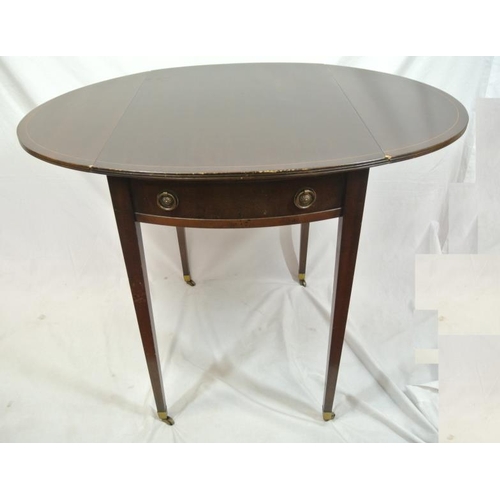 76 - Edwardian inlaid mahogany Pembroke table with D-shaped drop leaves, bowed frieze drawer, brass drop ... 