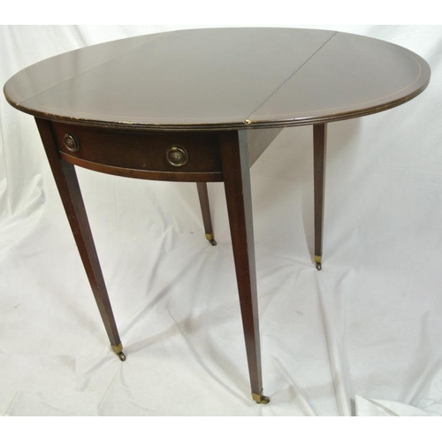 76 - Edwardian inlaid mahogany Pembroke table with D-shaped drop leaves, bowed frieze drawer, brass drop ... 