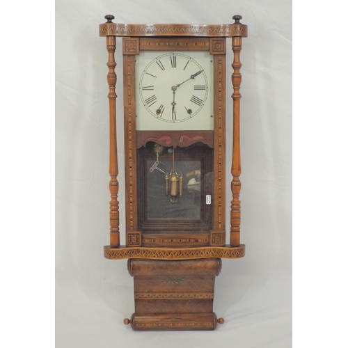 79 - Edwardian inlaid and crossbanded mahogany vienna wall clock with serpentine frieze, enamel dial, bra... 