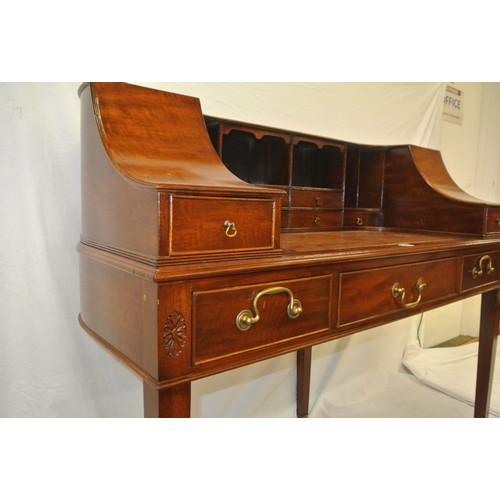 80 - Edwardian Carton House style desk with numerous drawers, brass drop handles, frieze drawers, leather... 