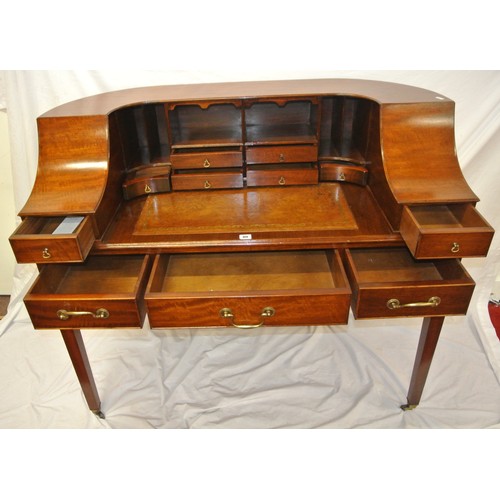 80 - Edwardian Carton House style desk with numerous drawers, brass drop handles, frieze drawers, leather... 