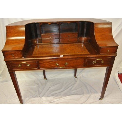 80 - Edwardian Carton House style desk with numerous drawers, brass drop handles, frieze drawers, leather... 