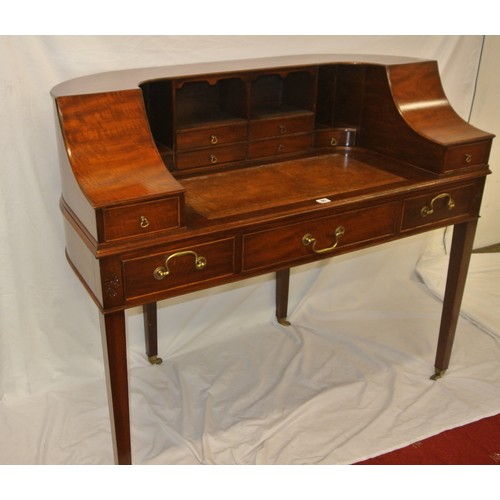 80 - Edwardian Carton House style desk with numerous drawers, brass drop handles, frieze drawers, leather... 