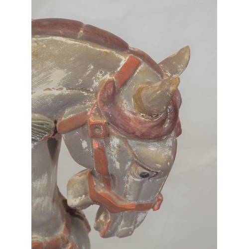 92 - Ornate terracotta figure of a horse on oblong stand. (Repair on base leg and  tail)