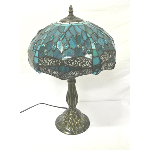 94 - Ornate Art Deco style electric lamp with blue tinted panelled shade and shaped base