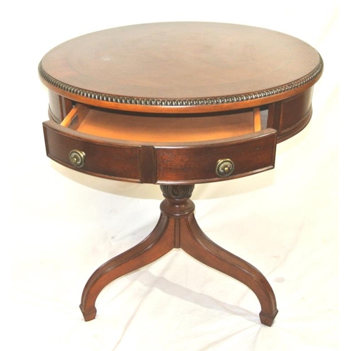 96 - Round inlaid mahogany occasional or centre table with reeded rim, bowed frieze drawer with round han... 