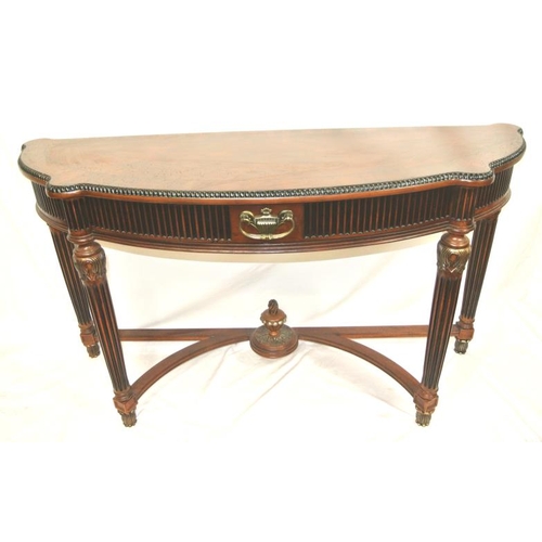 110 - Edwardian design serpentine fronted inlaid hall or side table with reeded frieze drawer, drop handle... 