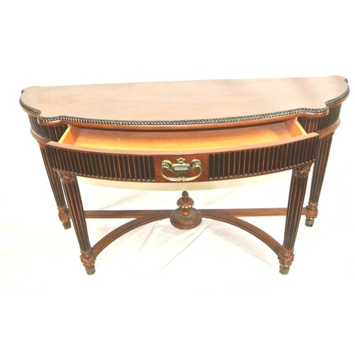 110 - Edwardian design serpentine fronted inlaid hall or side table with reeded frieze drawer, drop handle... 