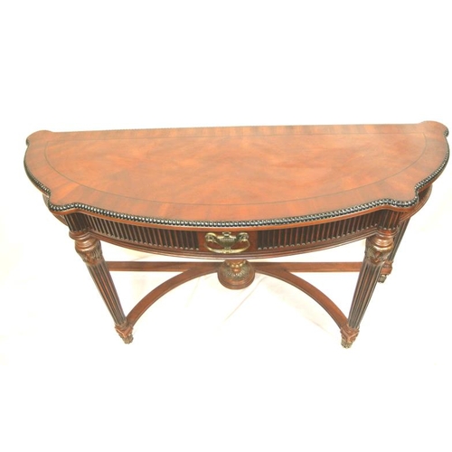 110 - Edwardian design serpentine fronted inlaid hall or side table with reeded frieze drawer, drop handle... 