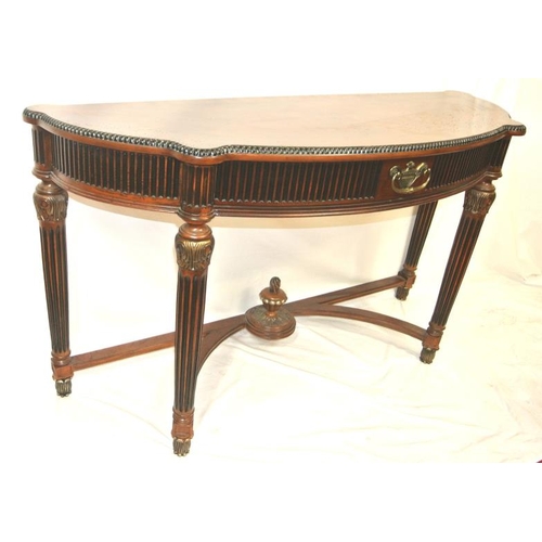 110 - Edwardian design serpentine fronted inlaid hall or side table with reeded frieze drawer, drop handle... 