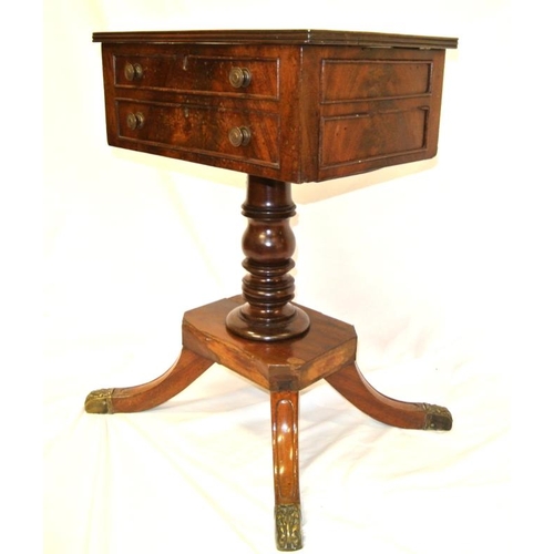 121 - Georgian mahogany work box with reeded borders, fitted interior, round handles, on turned shape colu... 