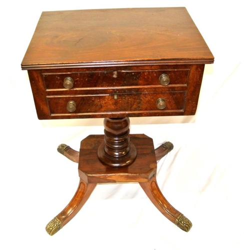 121 - Georgian mahogany work box with reeded borders, fitted interior, round handles, on turned shape colu... 