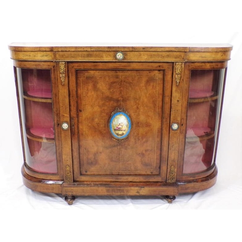 125 - Victorian inlaid walnut credenza with ornate ormolu and figured enamel insets, ormolu mounts, bowed ... 