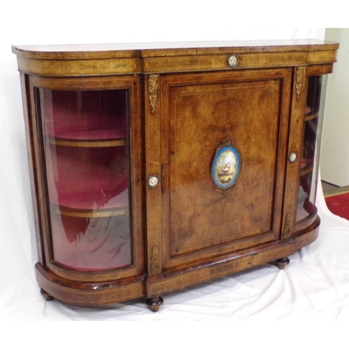 125 - Victorian inlaid walnut credenza with ornate ormolu and figured enamel insets, ormolu mounts, bowed ... 