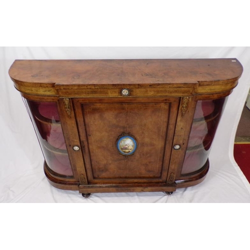 125 - Victorian inlaid walnut credenza with ornate ormolu and figured enamel insets, ormolu mounts, bowed ... 