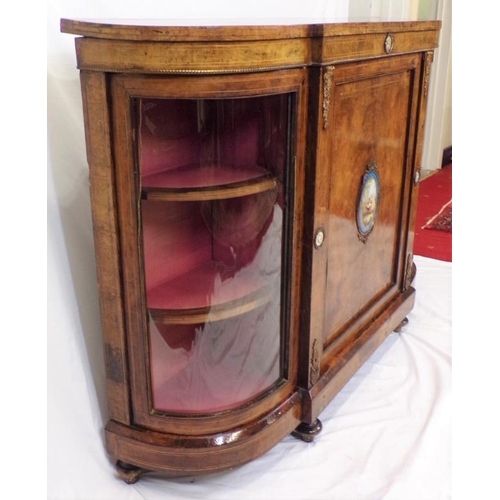 125 - Victorian inlaid walnut credenza with ornate ormolu and figured enamel insets, ormolu mounts, bowed ... 