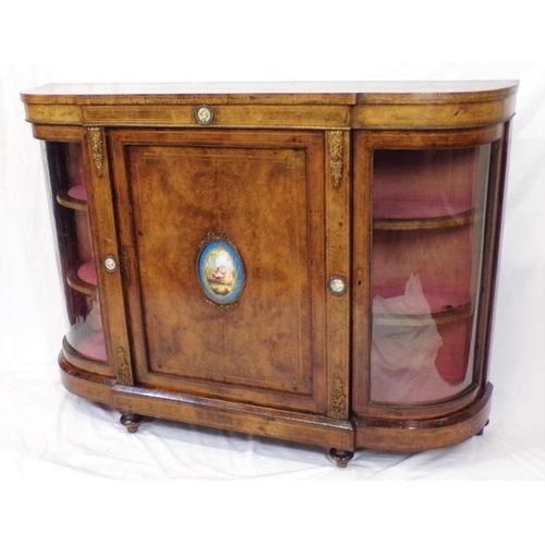 125 - Victorian inlaid walnut credenza with ornate ormolu and figured enamel insets, ormolu mounts, bowed ... 