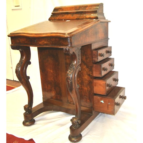 126 - Victorian burr walnut davenport with shaped top, stationery press, interior fitted with drawers, the... 