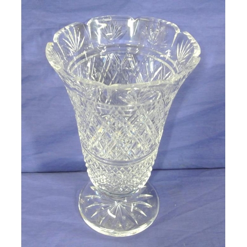 127 - Tall Waterford Crystal cut glass flared flower vase with wavy border, studded and strawberry diamond... 