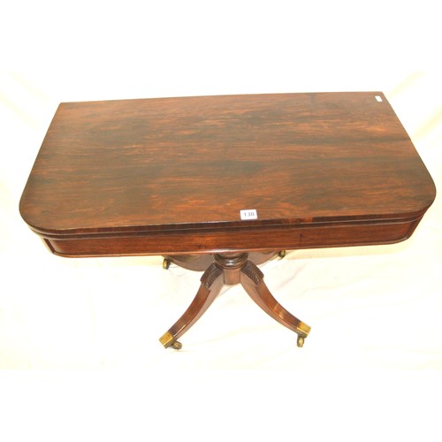 130 - William IV rosewood card table with swivel fold-over top, raised on vase turned shaped column, on fo... 