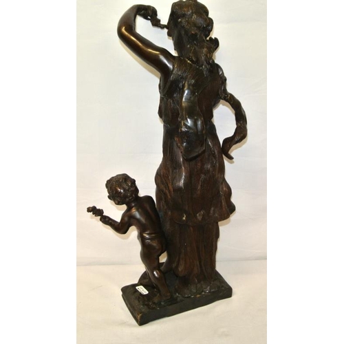 132 - Ornate allegorical bronzed figure of a lady and child, on shaped base