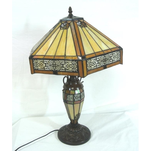 156 - Art Deco style electric table lamp with decorated panelled hexagonal shade, on baluster column, on r... 