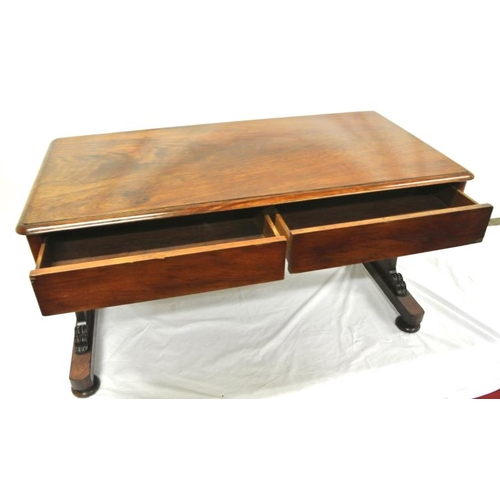 160 - William IV oblong mahogany library or side table with rounded borders, two frieze drawers, scroll mo... 