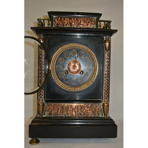 161 - Ornate slate French mantle clock with railed top, Renaissance scene inset, round brass framed dial, ... 