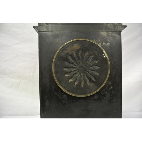 161 - Ornate slate French mantle clock with railed top, Renaissance scene inset, round brass framed dial, ... 