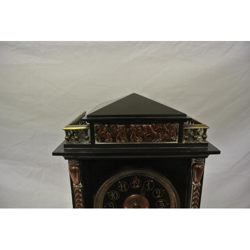 161 - Ornate slate French mantle clock with railed top, Renaissance scene inset, round brass framed dial, ... 