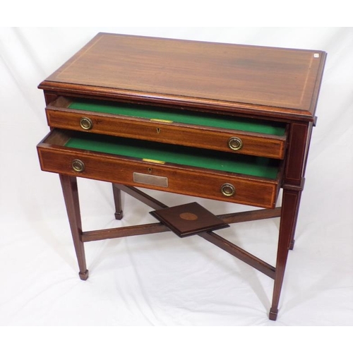 166 - Edwardian inlaid mahogany hall table with two frieze drawers, round brass drop handles, inlaid squar... 