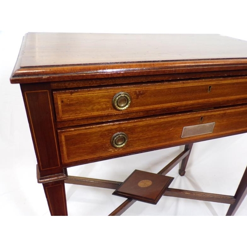 166 - Edwardian inlaid mahogany hall table with two frieze drawers, round brass drop handles, inlaid squar... 