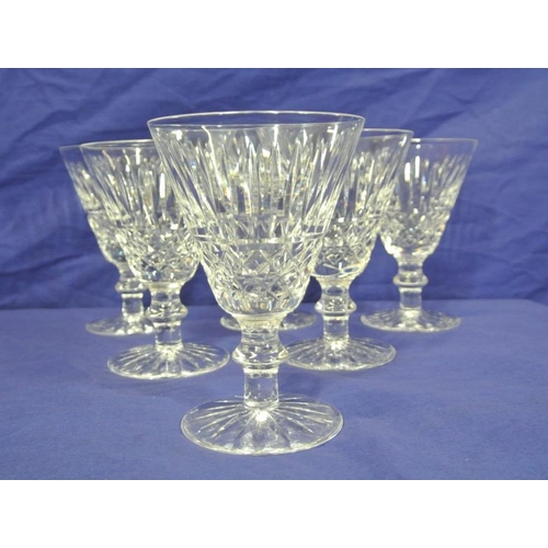 173 - Set of six Waterford Crystal white wine glasses with diamond and faceted decoration knop stems and r... 