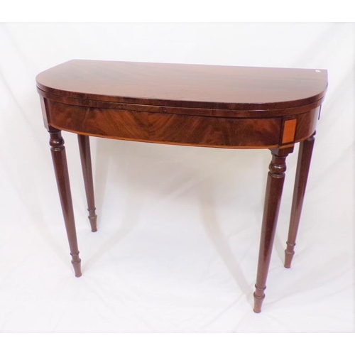 175 - Victorian mahogany tea table with fold-over top, gateleg support, string and box inlay, on turned ta... 