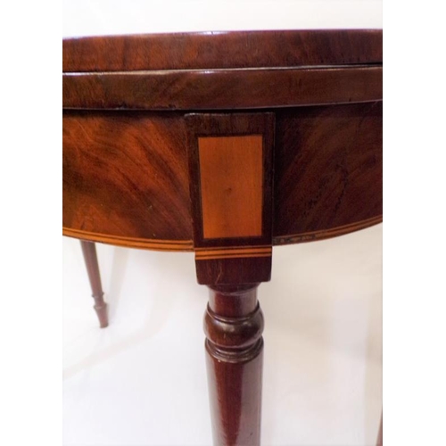 175 - Victorian mahogany tea table with fold-over top, gateleg support, string and box inlay, on turned ta... 