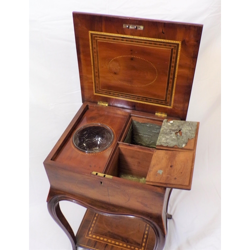 190 - Inlaid arbutus wood and yew Killarneyware teapoy with string and fern inlay, lift-up lid, fitted int... 