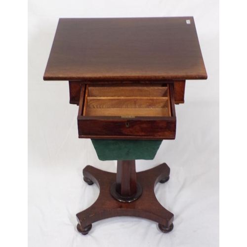 195 - William IV mahogany work box, the drawer with sectioned shelf, and material drawer under, on U-shape... 