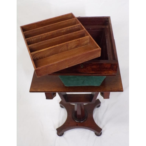 195 - William IV mahogany work box, the drawer with sectioned shelf, and material drawer under, on U-shape... 